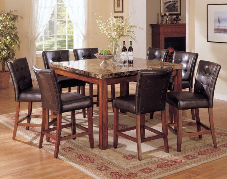 Square granite dining table with tufted chairs