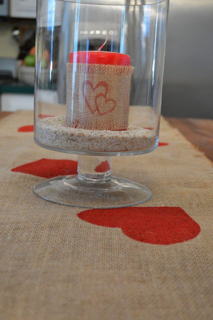 Stamped hearts on burlap Valentines table runner