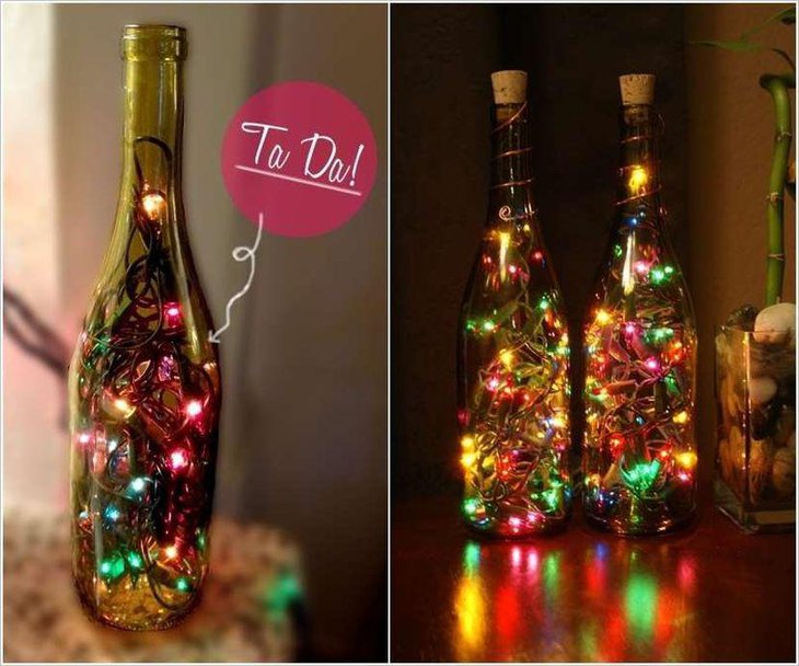 String Lights Filled Up Wine Bottle Lamp Centerpieces