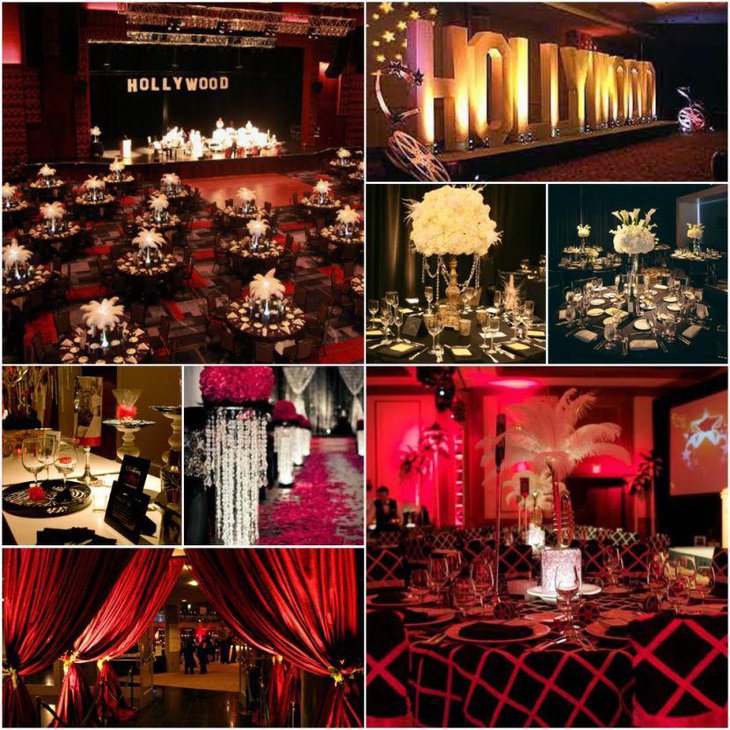 Stunning golden and red decorations seen on party tables themed on Hollywood