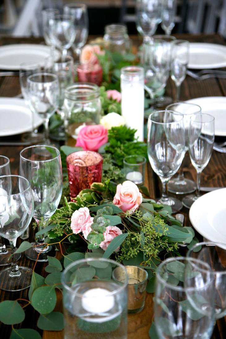 Stunning Lush Green Wedding Table Runner With Roses and Floating Candles