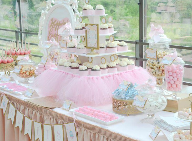 Stunning pink European tulle bridal shower dessert table