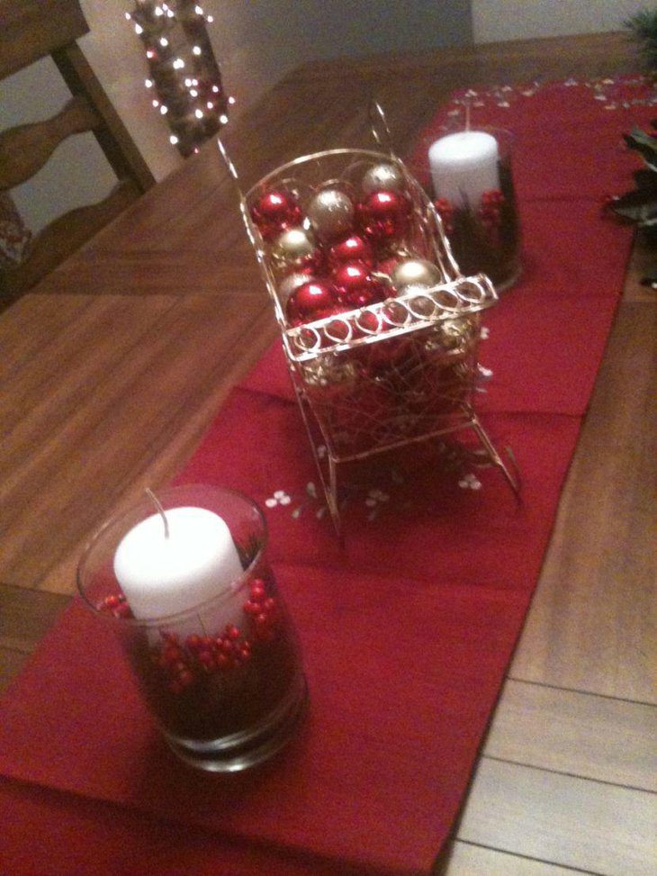 Stunning Red and Silver Christmas Ball Ornaments In Silver Carriage Centerpiece