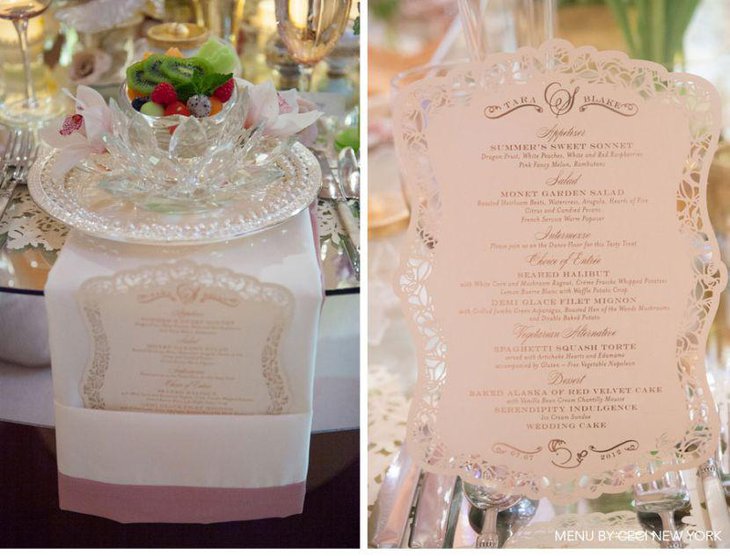 Stunning rose gold menu decor on wedding table