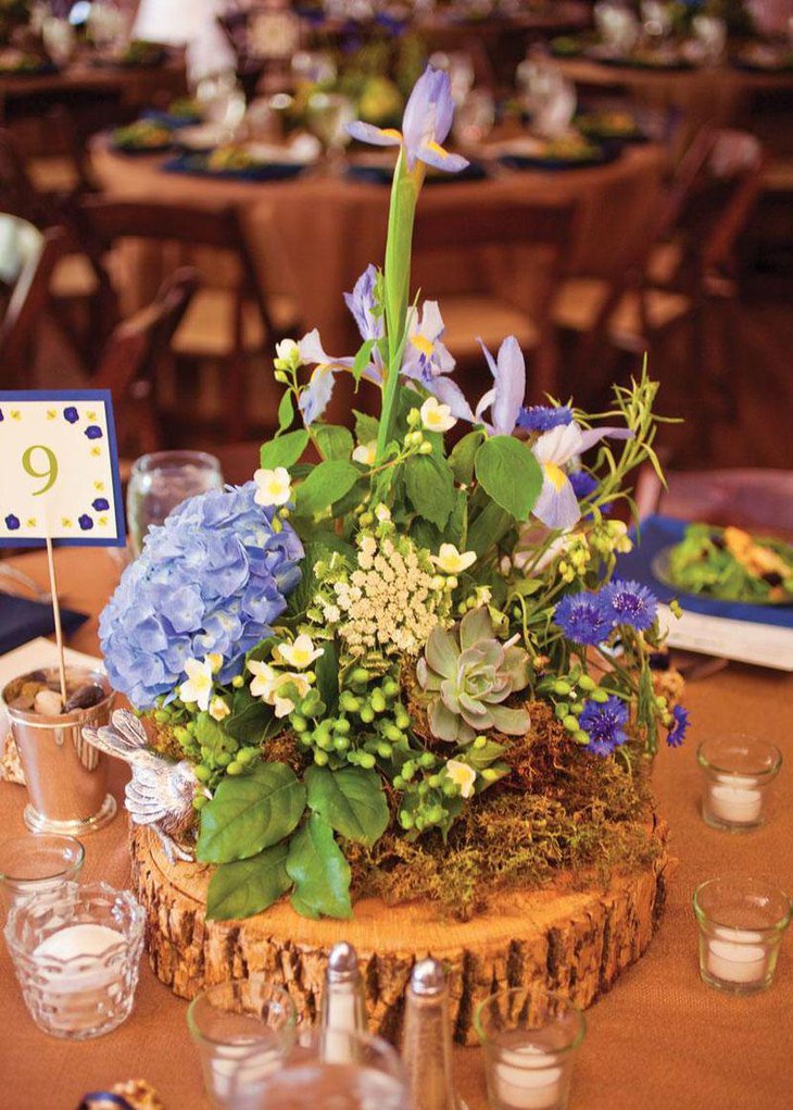 Stunning Rustic Wooden Base Wedding Table Setting With Blue Hydrangea