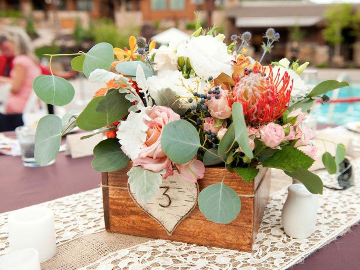 Stunning Rustic Wooden Box Wedding Table Centerpiece With flowers and Burlap Lacy Table Runner