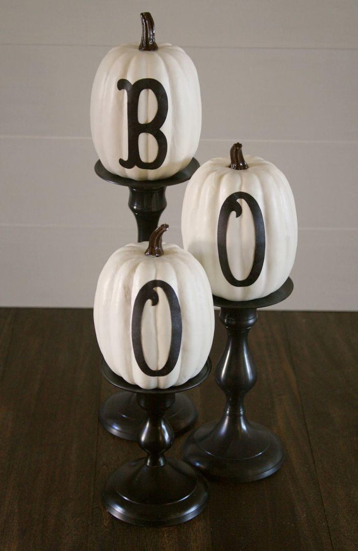 Stylish DIY white pumpkins with BOO imprint