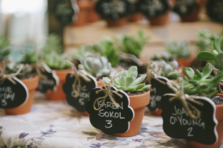 Summer wedding table decor with succulent place card holders