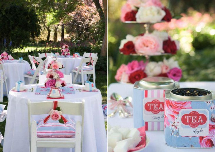 Summer wedding table decor with tea tins