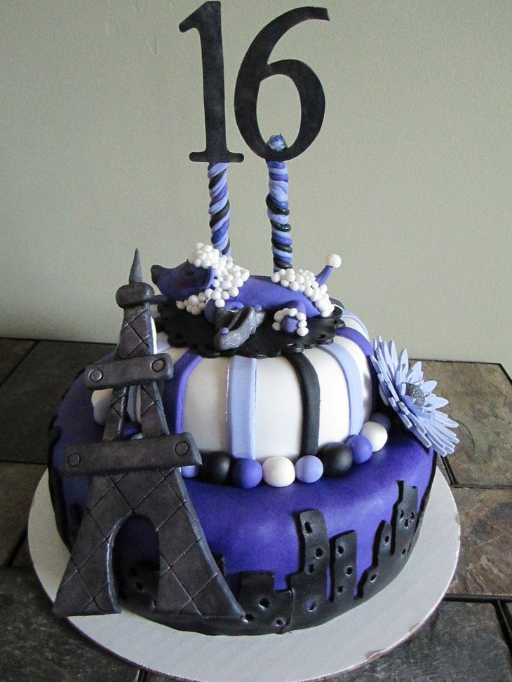 Sweet 16 Paris themed cake in white and blue