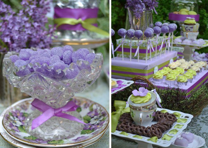 Sweet purple bridal shower dessert table