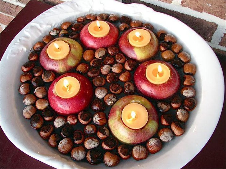 Table Centerpeice With Acorns and Floating Candles