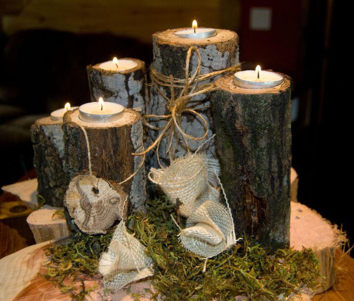 Tea light wooden decor on a country wedding table