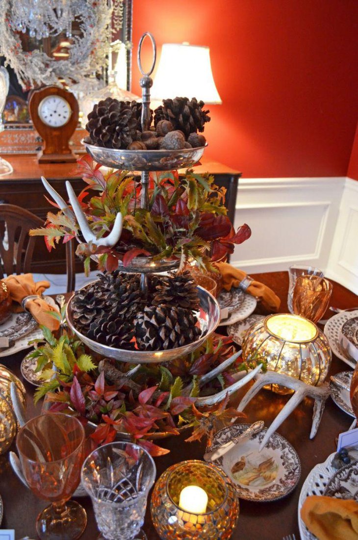 Thanksgiving table decor with Nickel Bowl leaves and Hazelnut