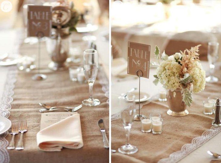 The flower decor compliments the use of burlap on this country wedding table