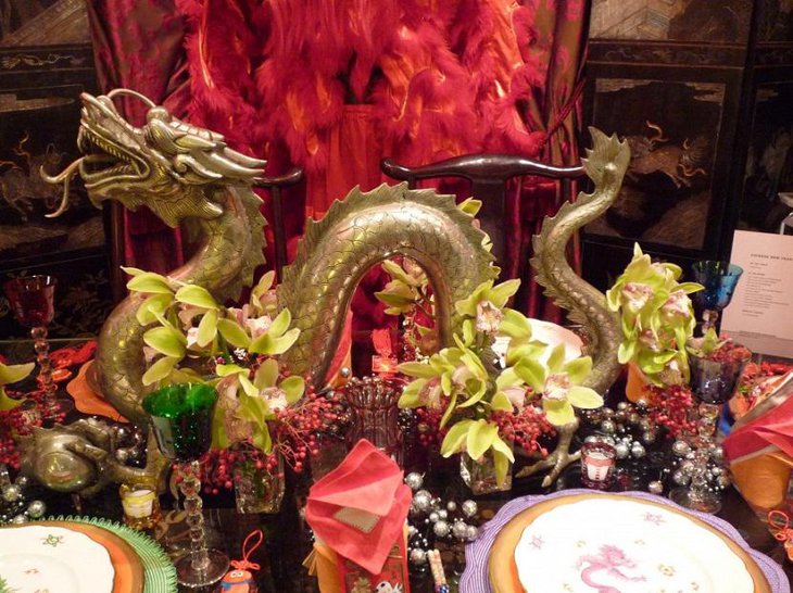 The Table Centerpiece for New Years Eve with Chinese Dragon and Crystals