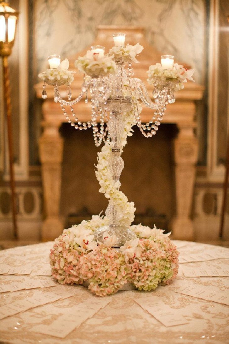 The Table Centerpiece for New Years Eve with Crystal and White Flower Tree