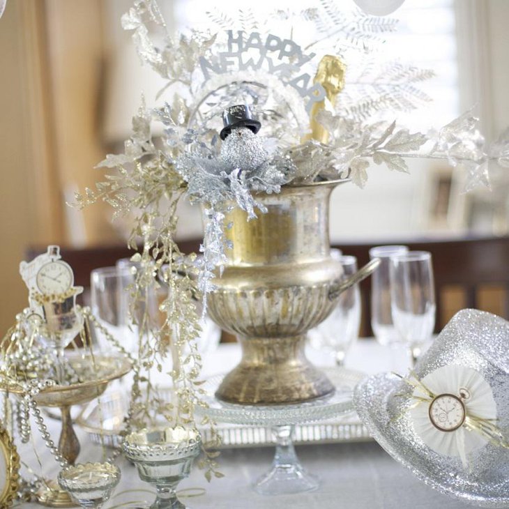 The Table Centerpiece for New Years Eve with Crystal Bowls and Hats