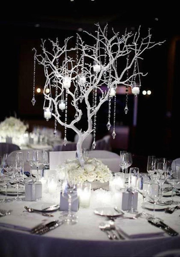 The Table Centerpiece for New Years Eve with Hanging Crystals on a Tree