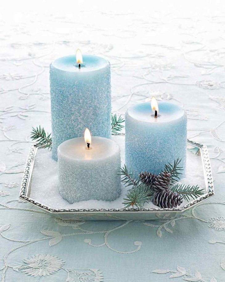 The Table Centerpiece for New Years Eve with Winter Blue Candles