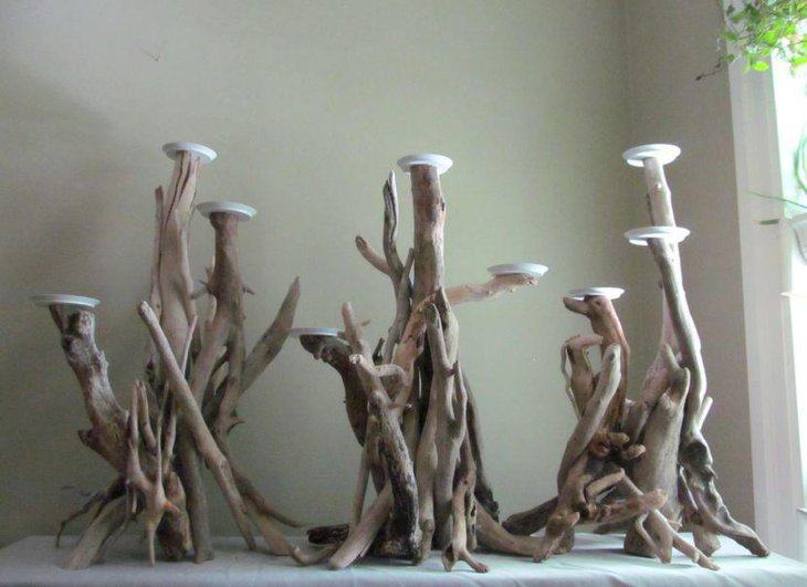 Three pillar driftwood candelabra centerpiece