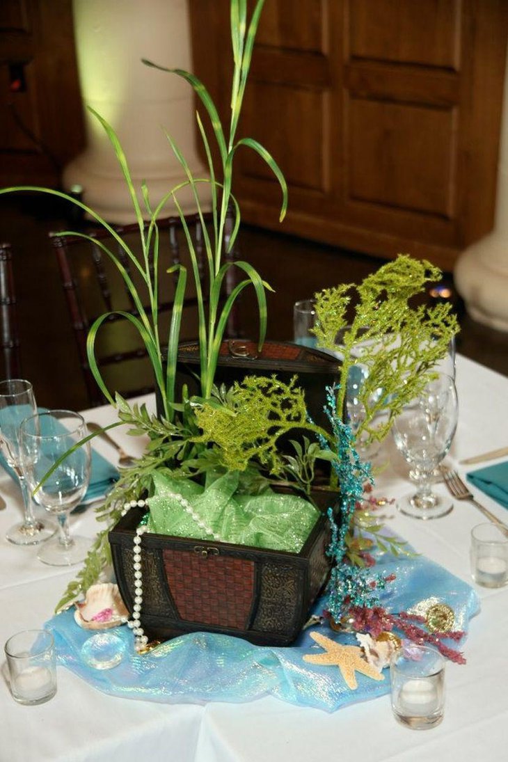 Treasure chest wedding centerpiece for a beach theme wedding