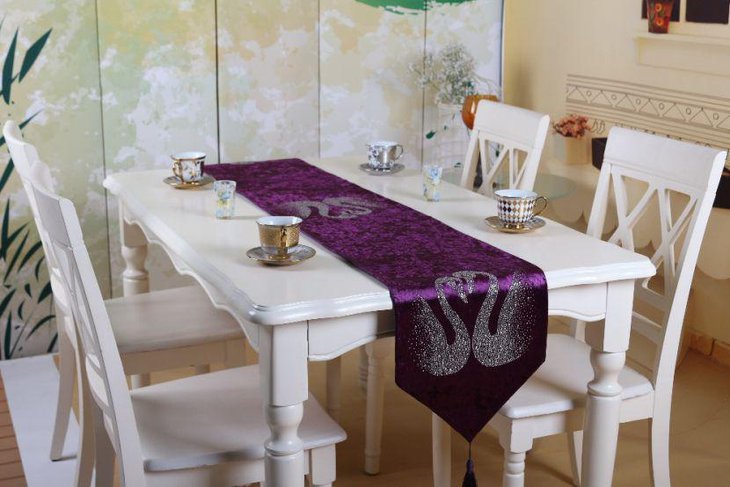 Trendy Purple Wedding Table Runner With Silver Swan Imprints