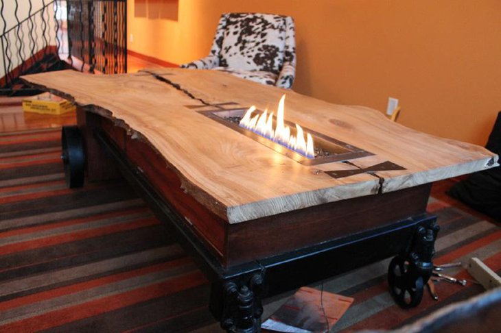 Unique Coffee Table with Casters and a Firepit