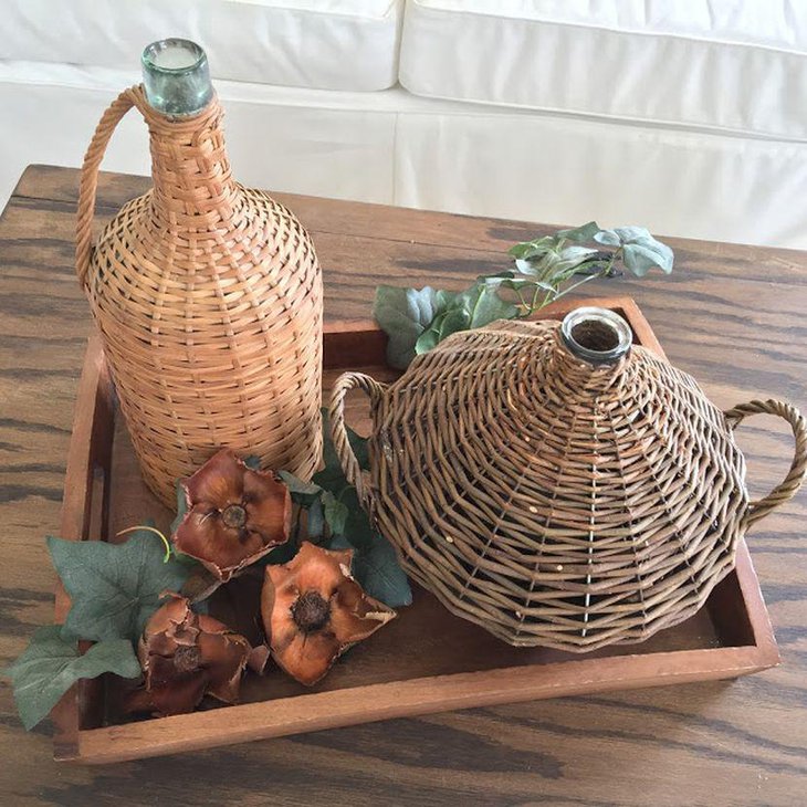 Unique demijohn Vignette as coffee table centerpiece