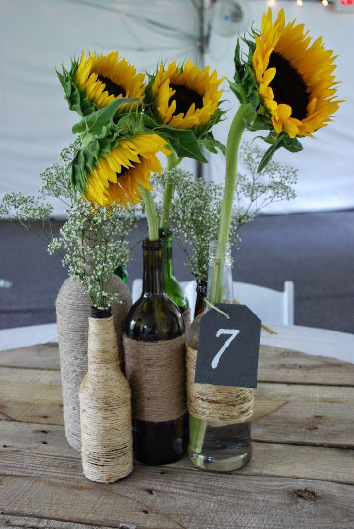 Unique Twine Wrapped Wine Bottle centerpieces With Sunflowers