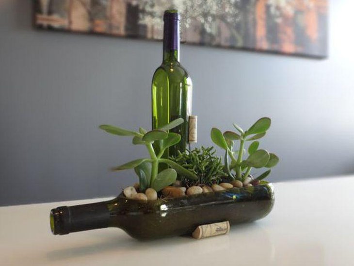 Unique Wine Bottle Planter Centerpiece With Pebbles