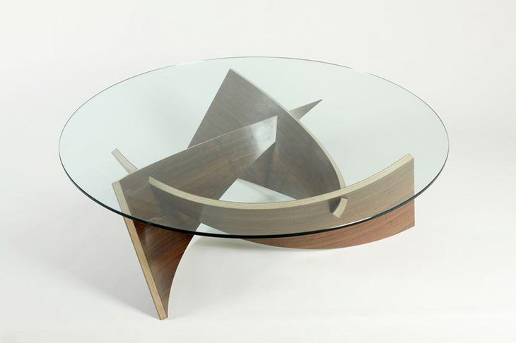 Unusual glass coffee table idea with a unique wooden base
