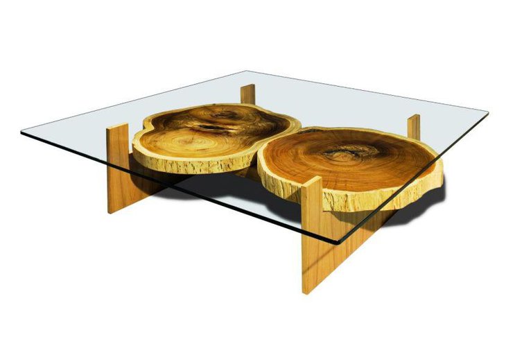 Unusual glass top coffee table with rustic log base