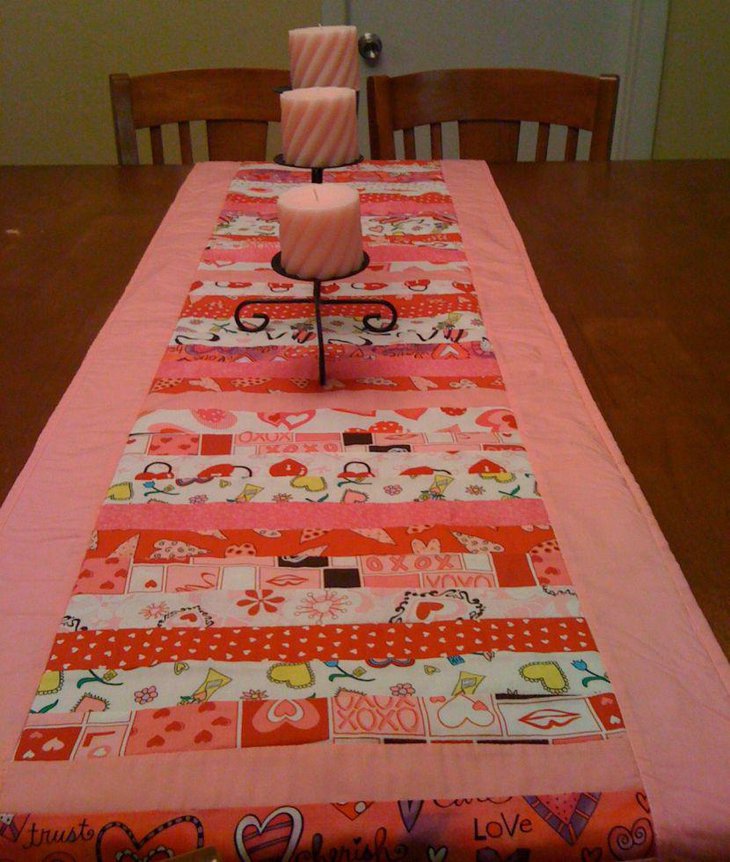 Valentines day quilted table runner with pink accents