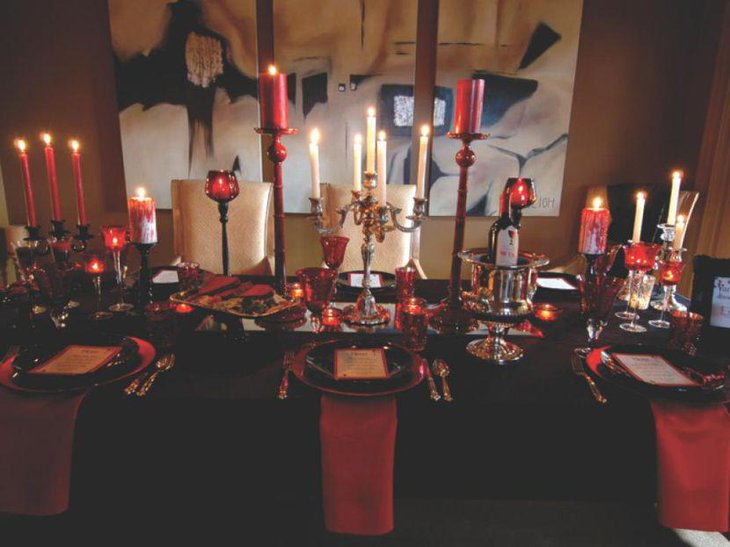 Vampire themed Halloween table decor using blood candles