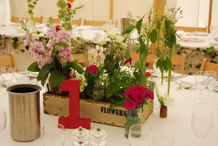 Vintage floral crate wedding table centerpiece
