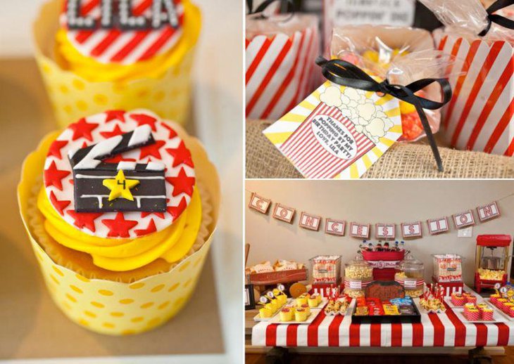 Vintage Hollywood themed table decor with yellow accented cupcakes