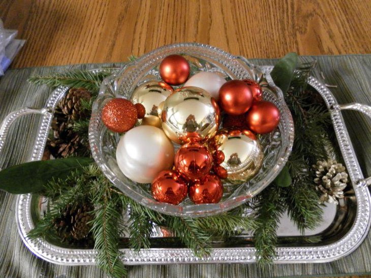 Vintage Silver Tray Christmas Centerpiece With Bowl Filled With Red and Golden Balls