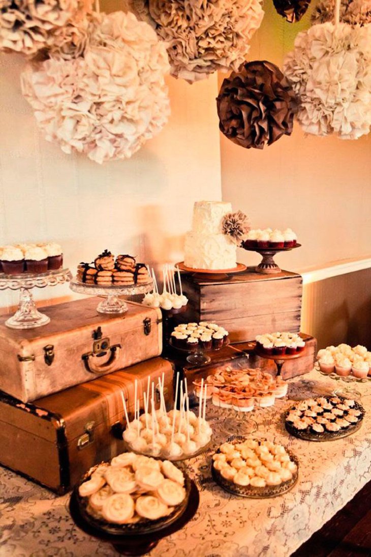 Vintage Wedding Dessert Table with Flowers and Suitcases