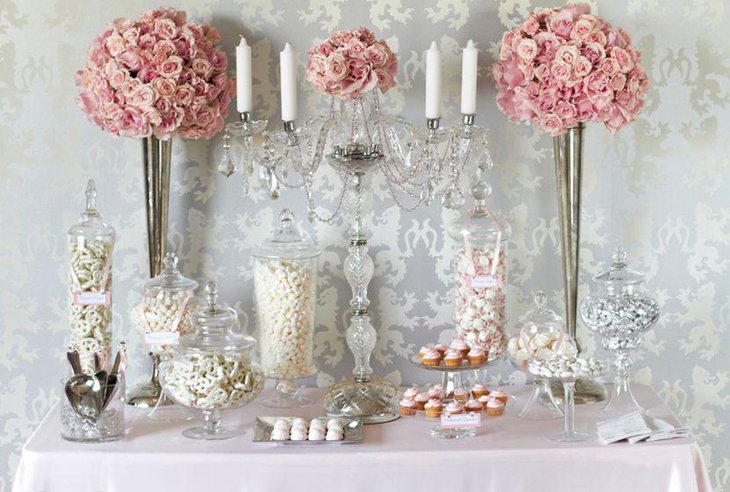 Vintage white wedding candy table decor