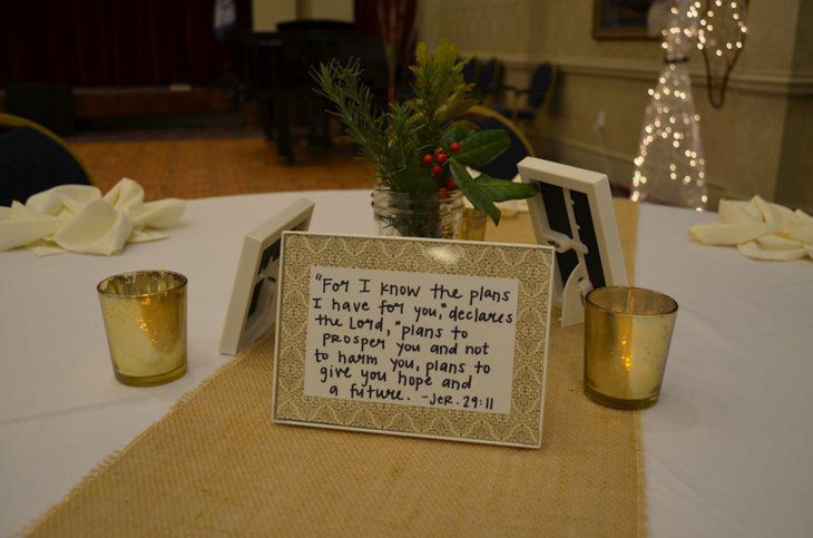 Votives jar and frame decorations on grandmas 80th birthday table