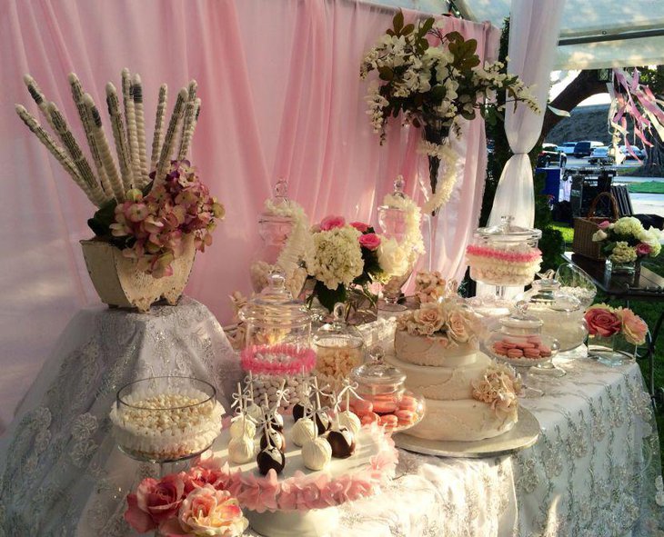 Wedding dessert table decor with roses and hydrangeas