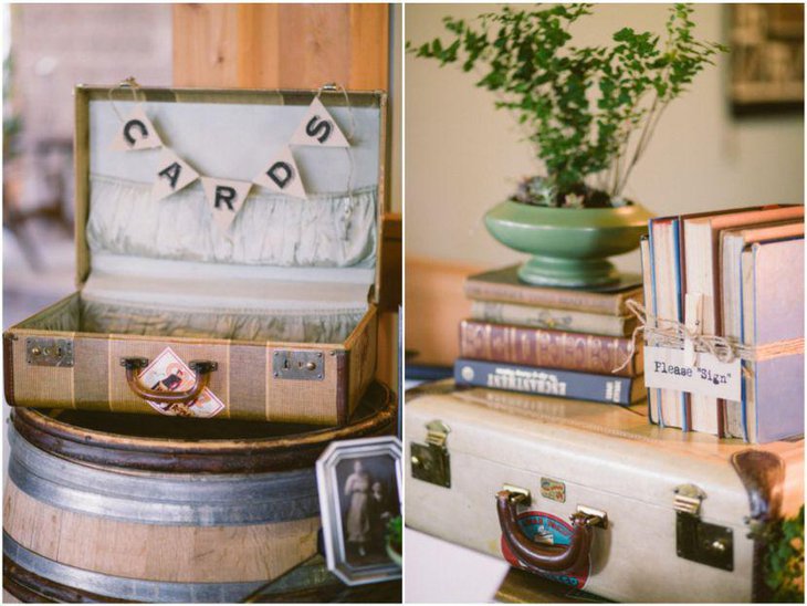 Wedding table decorations with vintage suitcases