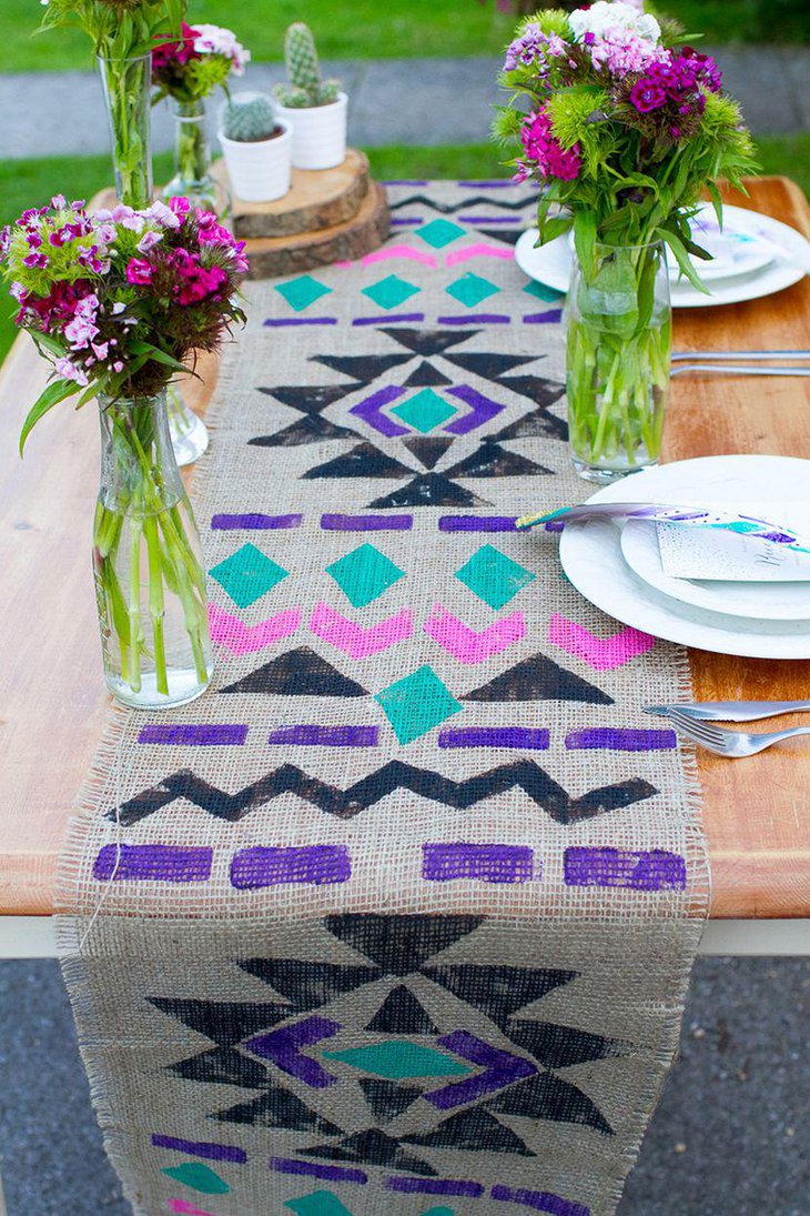 Wedding Table Runner With DIY Aztec Prints