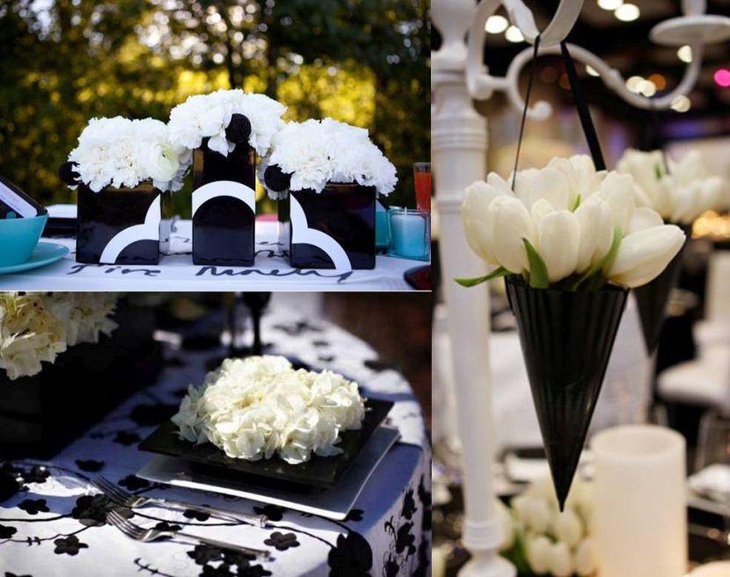 Wedding table settings with white and black floral decorations