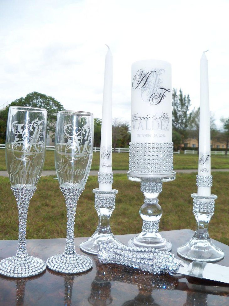 White bling unity candle holder centerpieces for wedding table