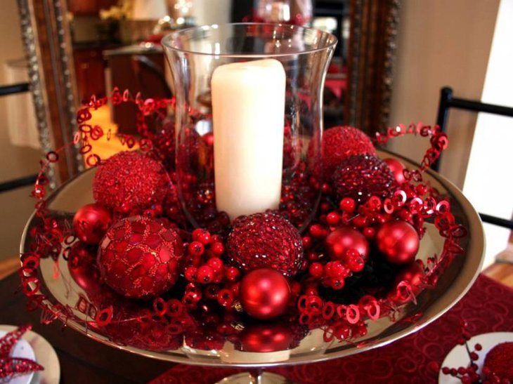 White Candle In a Glass Placed With Red And Silver Balls In a Silver Tray