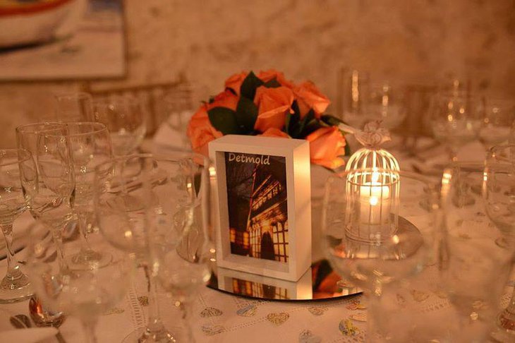 White candle in birdcage wedding table decor