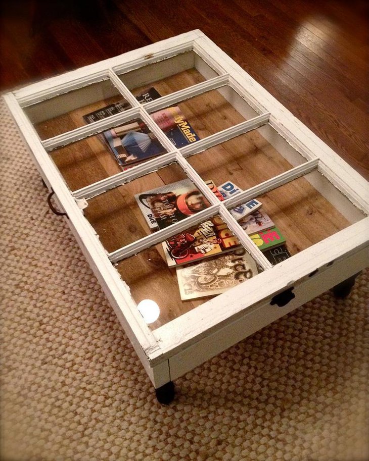 White Chic Window Pane Coffee Table with Storage