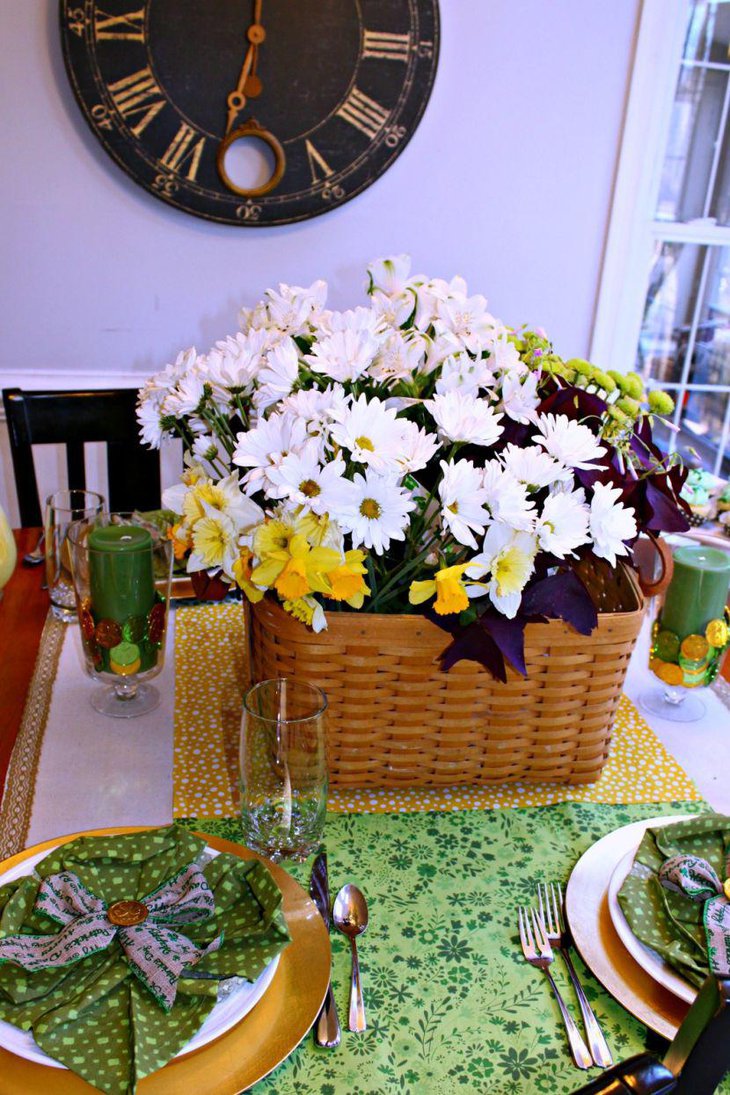 White flowers in wicker basket for St Patricks Day table decor